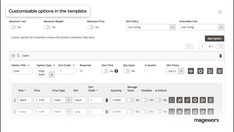 Configuration of the customizable options in the back-end
