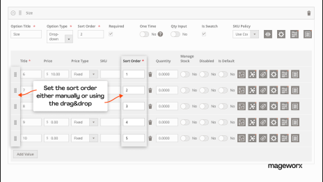 Product options sort order configuration