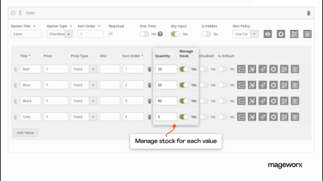 Stock management for each Magento custom option value