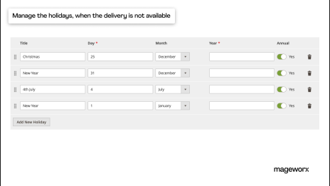 Setting recurring unavailable delivery dates during holidays