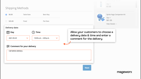 Comments field for the shipping date. Estimated delivery date and time block
