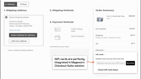Ideal compatibility of the Magento Gift Card module with the Checkout Suite by Mageworx