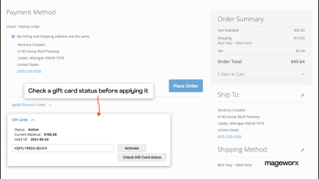 Best Magento gift card extension: the ability to verify gift card status at the checkout before applying it