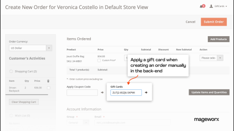 The ability to apply a voucher card when creating orders manually in the back-end