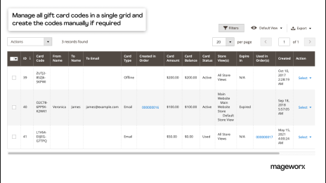 Single grid for Magento gift certificates management