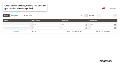 Overview of orders with applied Magento 2 gift cards