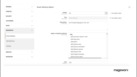 Magento 2 Green Delivery extension: delivery option settings
