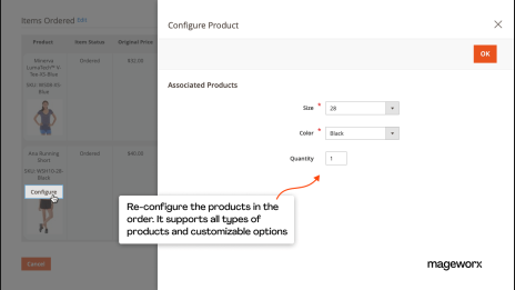 Re-configure products in Magento 2 orders with the Magento 2 Order Management extension