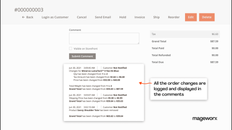 Overview records with order edit logs in Magento Commerce Order Management