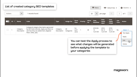 Convenient overview of the created Magento 2 SEO templates in a grid