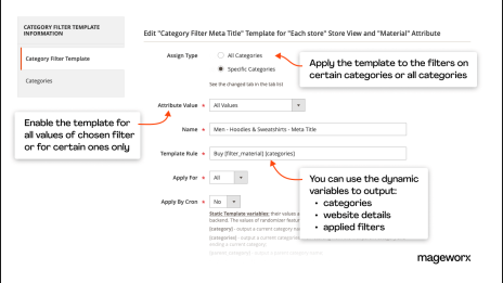 configurations of the category filter meta tags generator