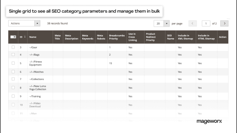 SEO category parameters overview in a single grid