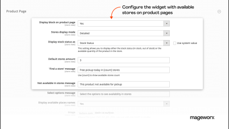 Configuration of the widget with available Magento 2 store on product pages