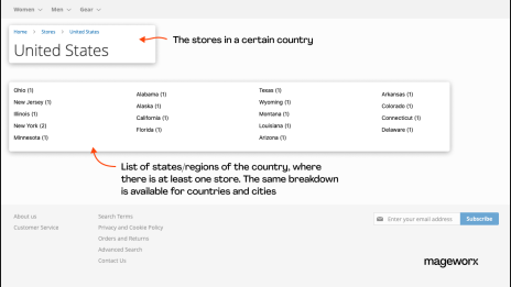 Displaying the list of states and/or regions with stores that offer BOPIS