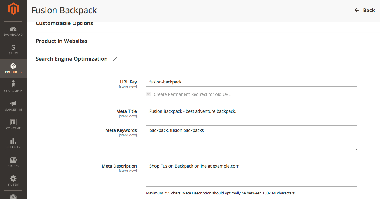 Magento 2 simple products seo tab