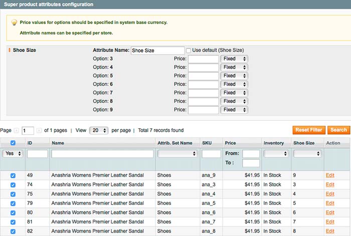 Super Magento product attributes configuration